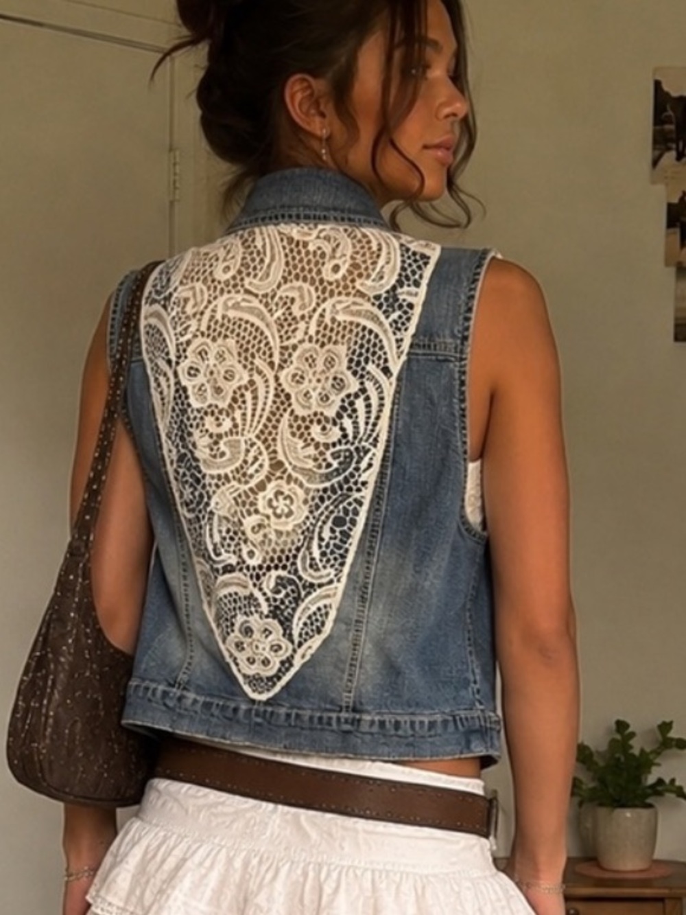 Maurices Denim Crochet Floral Lace Boho Western Cowboy Vest M Gypsy Vintage Blue